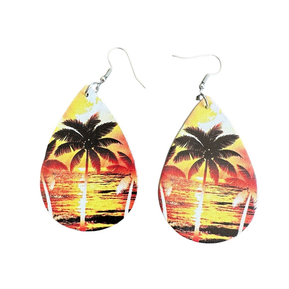 Beach Sunset Teardrop Shaped Leather Drop Earrings